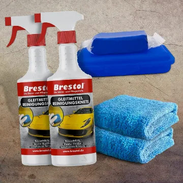 Brestol Reinigungsknete Set2 200 g Knete blau mittelstark + Box + 2X 750 ml Spezial GLEITMITTEL + 2X Poliertuch - Polierknete Lackknete Clay-Bar Auto-Lack-Knete - entfernt Baumharz Insekten u.v.m.