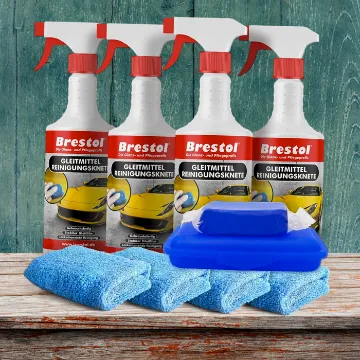 Brestol Reinigungsknete Set3 200g Knete blau mittelstark + Box + 4x 750ml Spezial GLEITMITTEL + 4x Poliertuch - Polierknete Lackknete Clay-Bar Auto-Lack-Knete - entfernt Baumharz Insekten u.v.m.